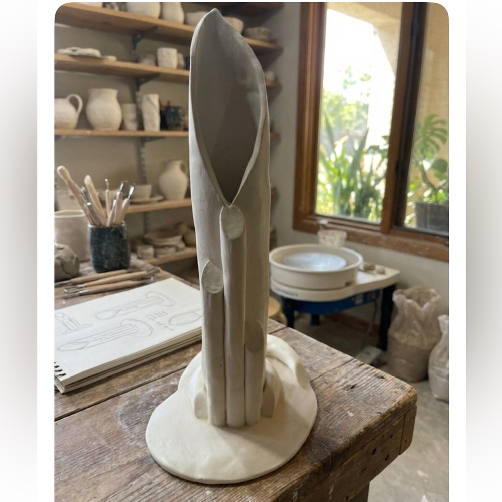 Vintage 1982 Postmodern White Bisque Vase Signed Studio Pottery Abstract 80s